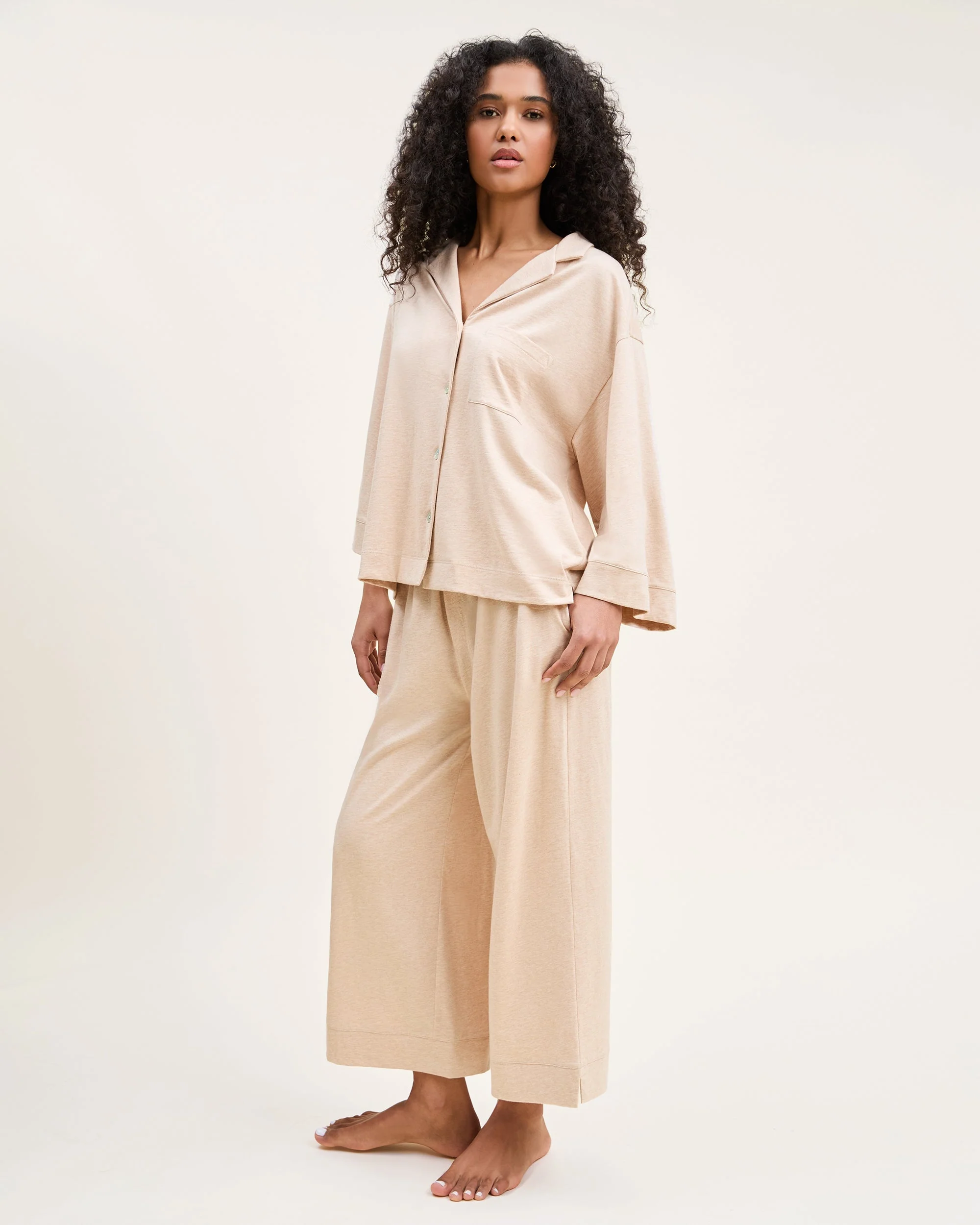 The Olivia Wide Leg Pima Pajama Set in Camel - Image 3