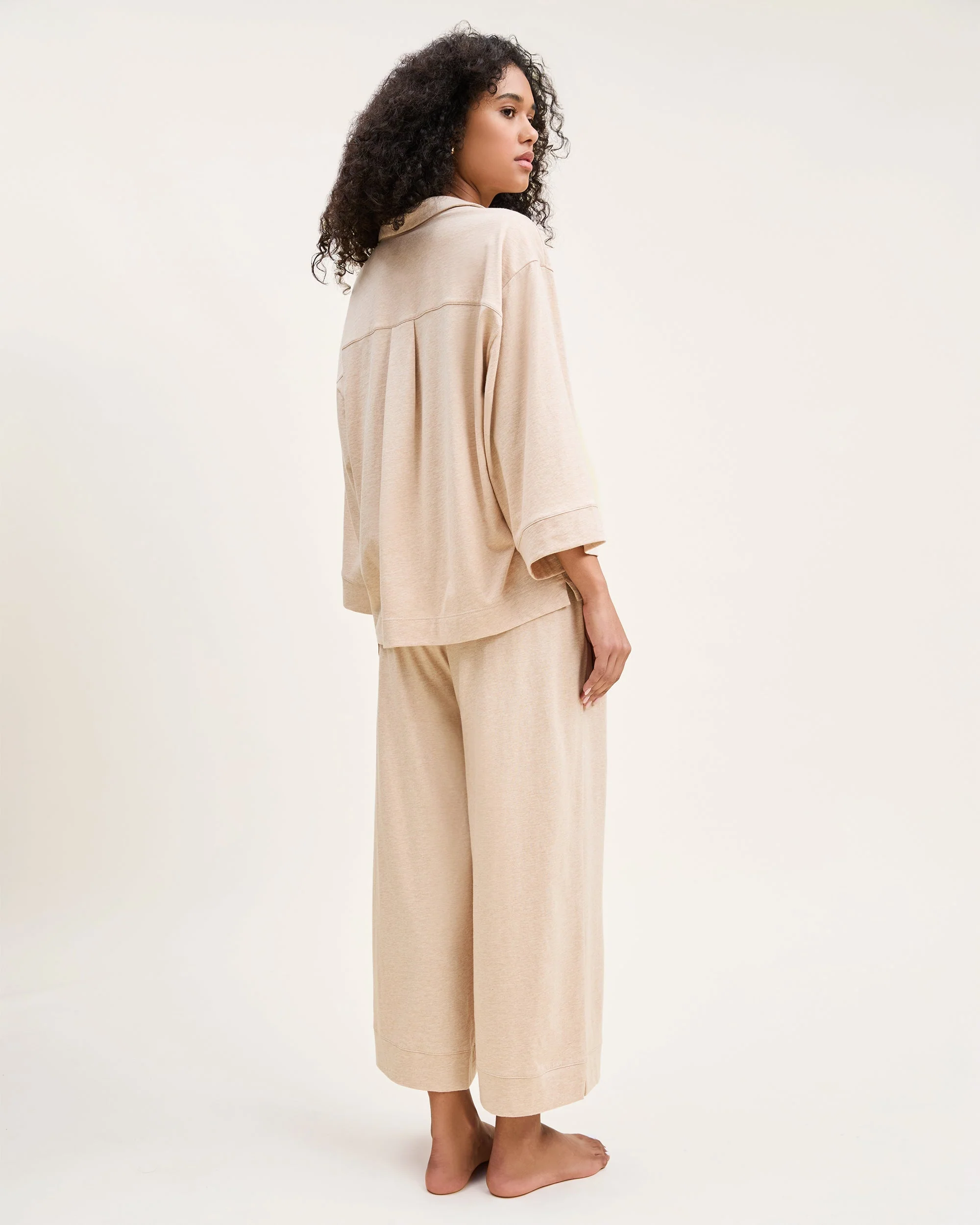 The Olivia Wide Leg Pima Pajama Set in Camel - Image 4